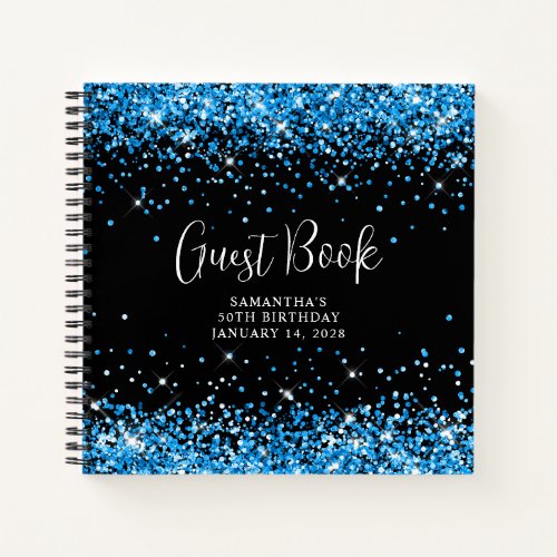 Azure Blue Glitter Black 50th Birthday Guest Notebook