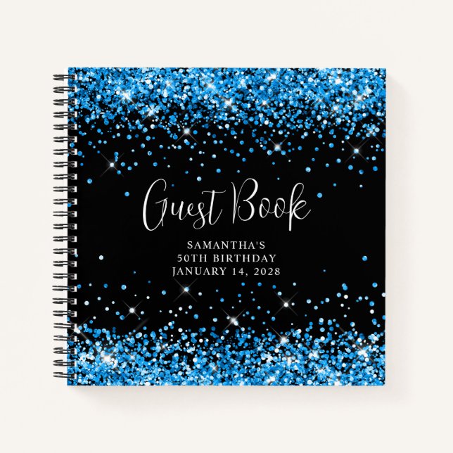 Azure Blue Glitter Black 50th Birthday Guest Notebook (Front)