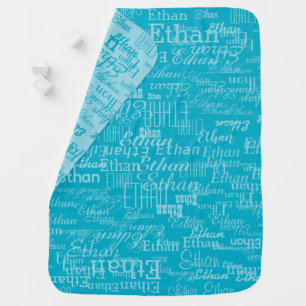 Azure Blue Kids Name Typography Pattern Baby Blanket