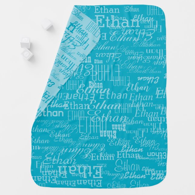 Azure Blue Kids Name Typography Pattern Baby Blanket (In Situ)