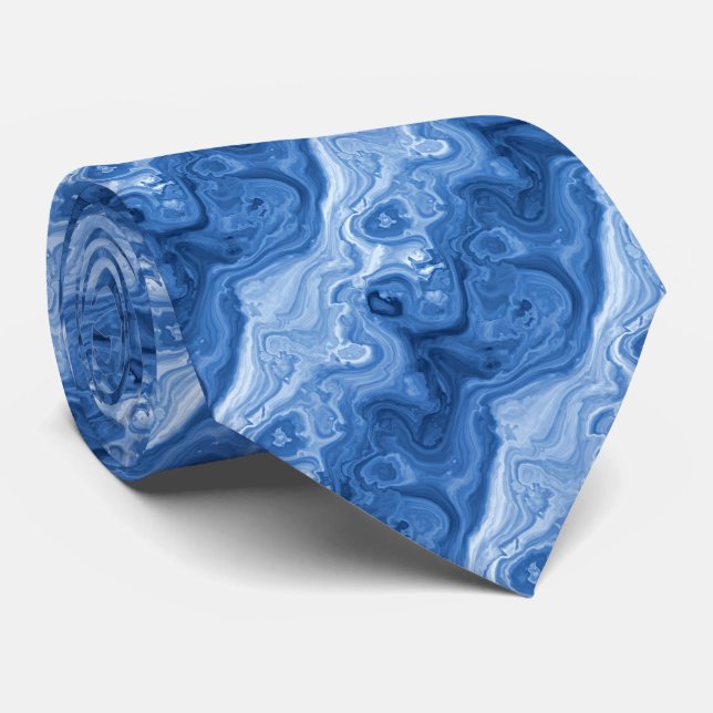 Azure Blue Malachite Marble Swirls Art Pattern Neck Tie (Rolled)