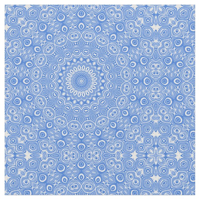 Azure Blue Mandala Geometric Pattern Fabric (Close Up)