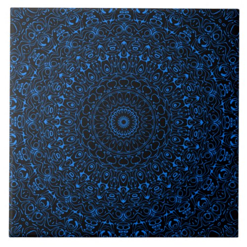 Azure Blue on Black Mandala Kaleidoscope Medallion Ceramic Tile