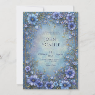 Azure Blue Ornate Blossom Frame Wedding Invitation