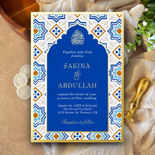 Azure Blue Persian Mosaic Muslim Wedding Gold Foil Invitation