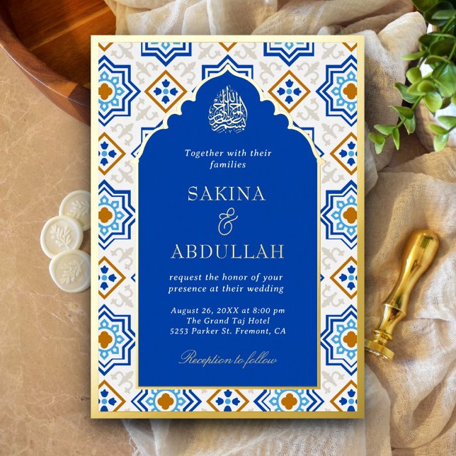 Azure Blue Persian Mosaic Muslim Wedding Gold Foil Invitation (Creator Uploaded)
