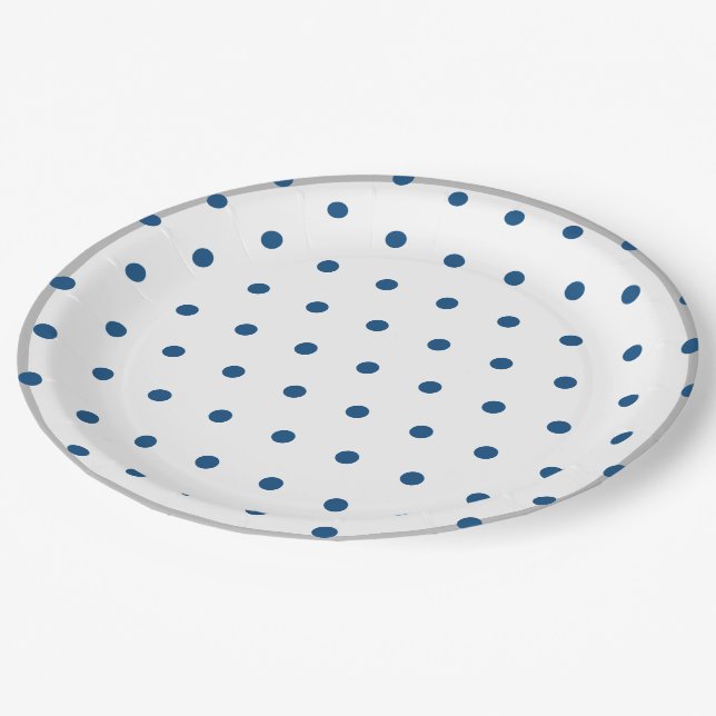 Azure Blue Polka Dots Silver White Paper Plates (Angled)