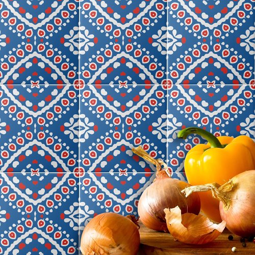 Azure Blue Red and White Ethnic Bohemian Pattern Ceramic Tile