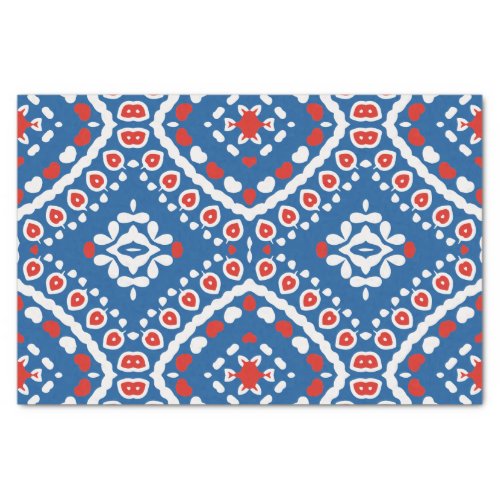 Azure Blue Red and White Ethnic Bohemian Pattern Tissue Paper