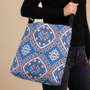 Azure Blue Red White Geometric Boho Tribal Ikat Crossbody Bag