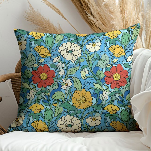 Azure blue rust flowers Art nouveau William Morris Throw Pillow (Azure blue rust flowers Art nouveau William Morris Throw Pillow)