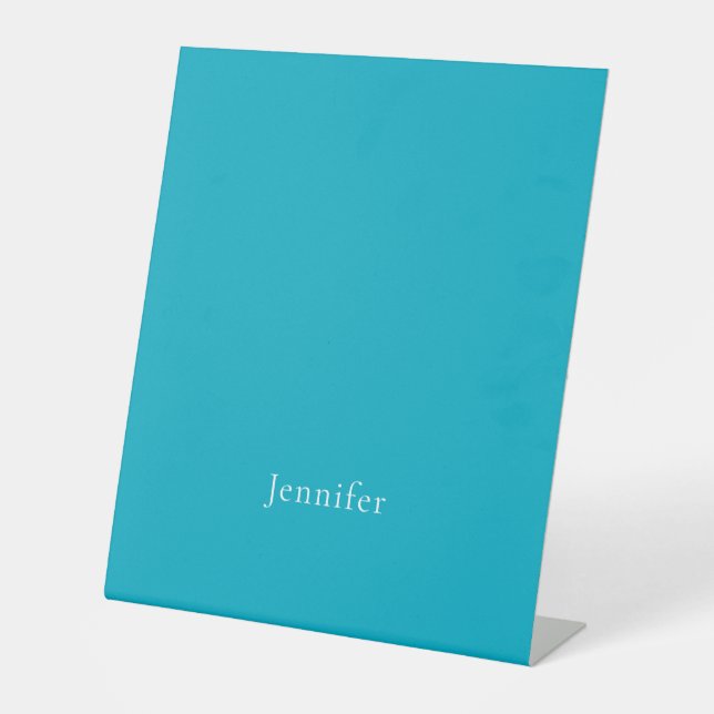 Azure Blue Trendy Modern Minimalist Name Pedestal Sign (Front)