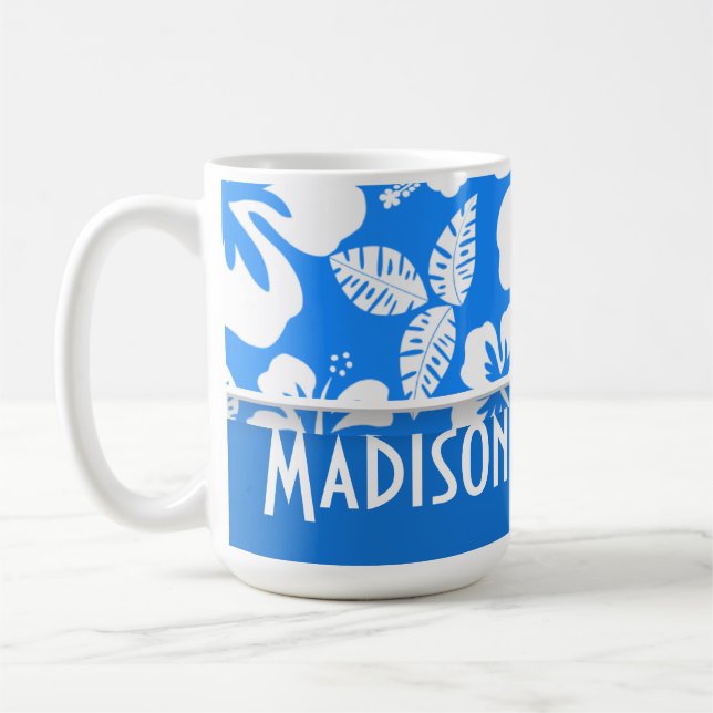 Azure Blue Tropical Hibiscus; Personalized Coffee Mug (Left)