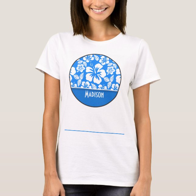 Azure Blue Tropical Hibiscus; Personalized T-Shirt (Front)