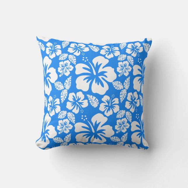 Azure Blue Tropical Hibiscus Throw Pillow (Front)