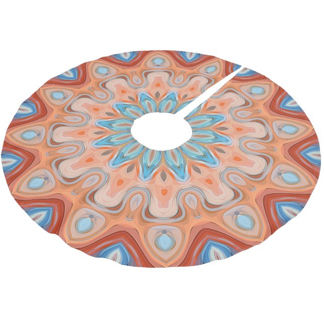 Azure Blue Turquoise Orange Mandala Star Pattern Brushed Polyester Tree Skirt (Angled)