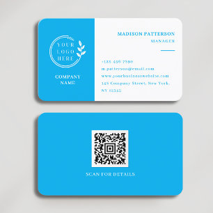 Azure Blue White Logo QR Code Minimalist Modern Business Card