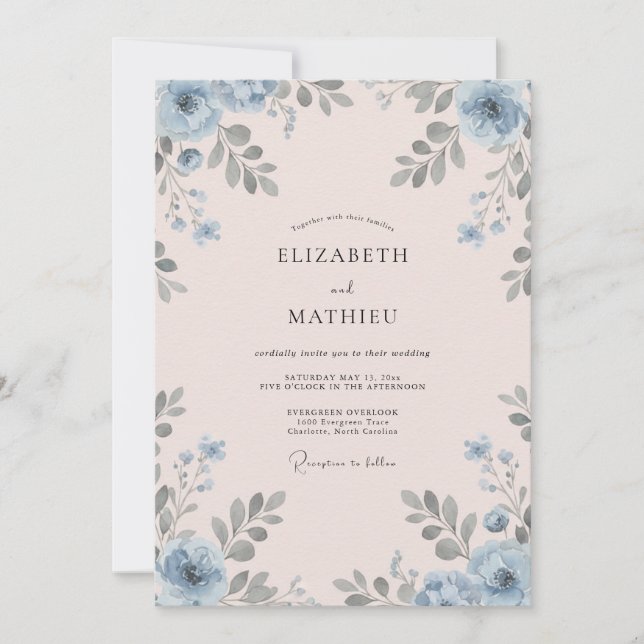 Azure Blush Leafy Wedding Invitation (Front)