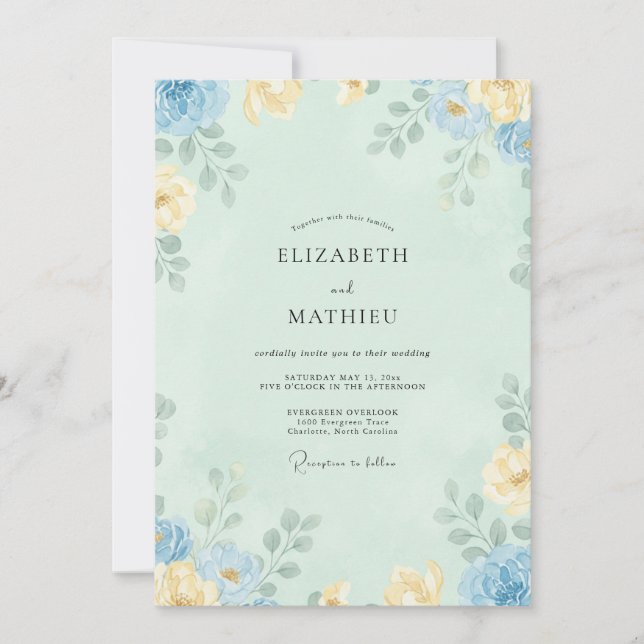 Azure Celadon Peony Wedding Invitation (Front)