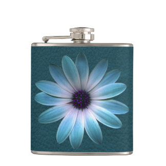 Azure Daisy on Dark Till Leather Print Hip Flask