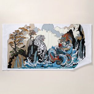 Azure Dragon and White Tiger. Illustration Beach Towel