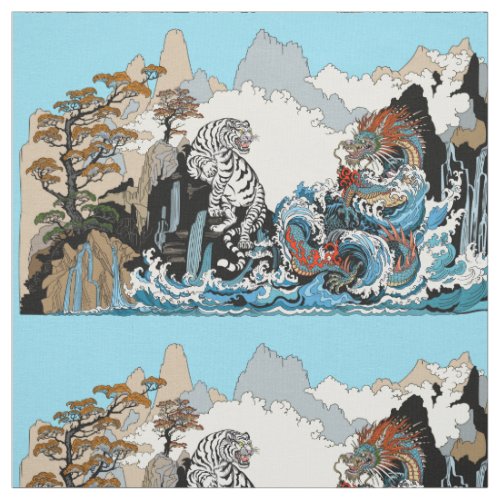 Azure Dragon and White Tiger Illustration  Fabric
