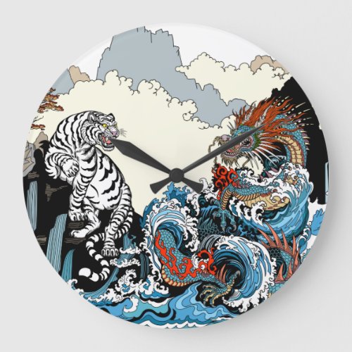 Azure Dragon and White Tiger Illustration Large Clock