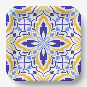 Azure Elegance Blue and Gold Floral Mosaic Paper Plates