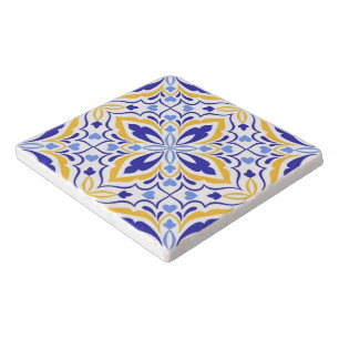 Azure Elegance Blue and Gold Floral Mosaic Trivet
