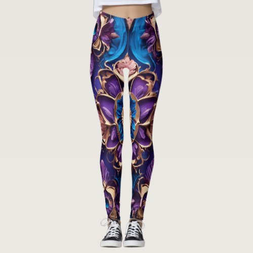 Azure Elegance Luxurious Blue Floral Leggings Leggings