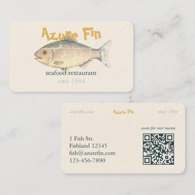 Azure Fin Classic Fish Restaurant QR Code Business Card (Front/Back)