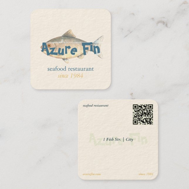 Azure Fin Elegant Fish Restaurant Logo Square Business Card (Front/Back)