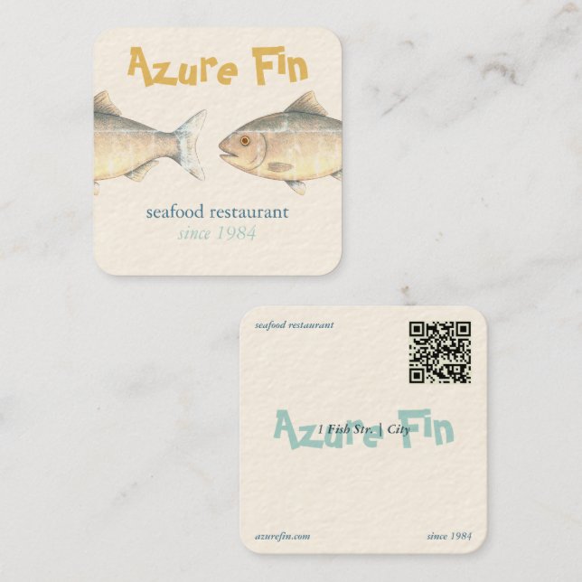 Azure Fin Elegant Fish Restaurant Logo Square Business Card (Front/Back)