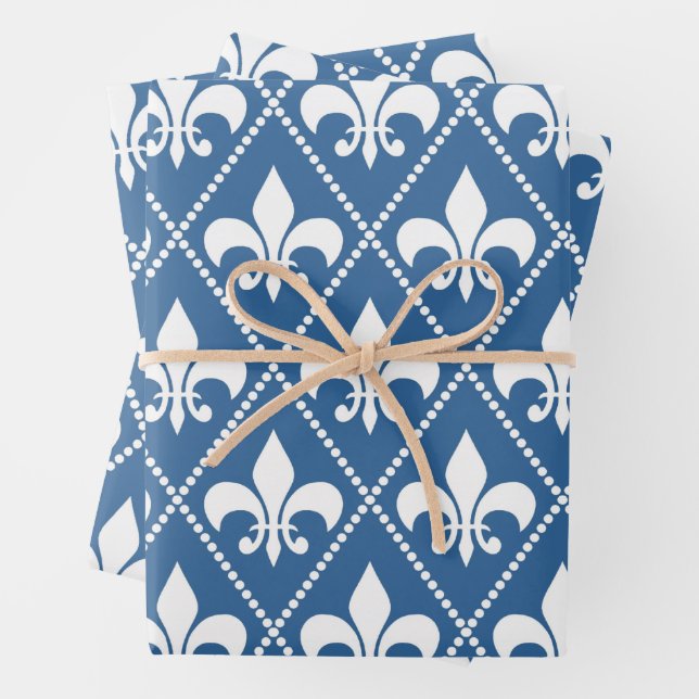 Azure Fleur de Lis Wrapping Paper Sheets (In situ)