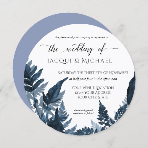 Azure Forest Fern Foliage Watercolor Wedding Round Invitation
