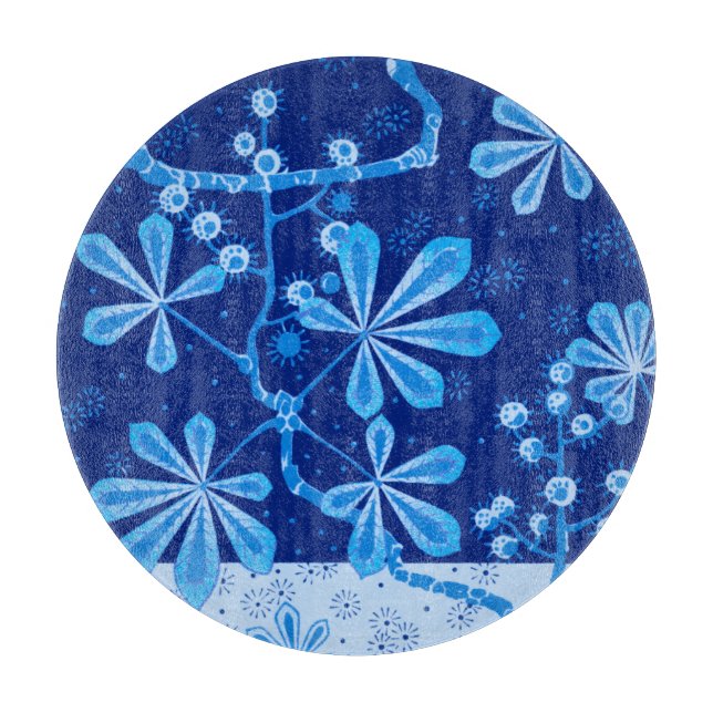 Azure Frost Flower Round Glass Cutting Board (Front)
