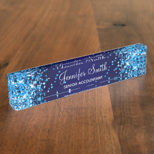 Azure Glitter Navy Blue Gradient Desk Name Plate