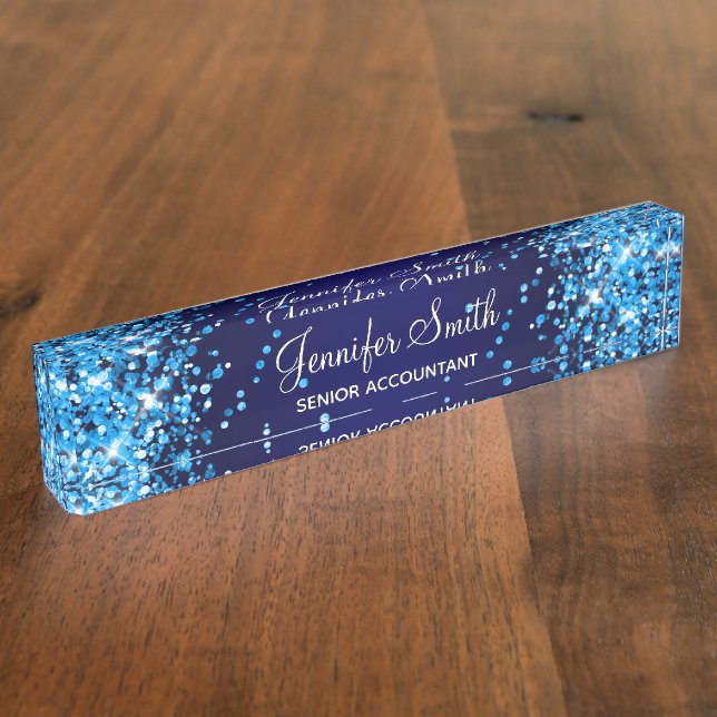 Azure Glitter Navy Blue Gradient Desk Name Plate (Side)