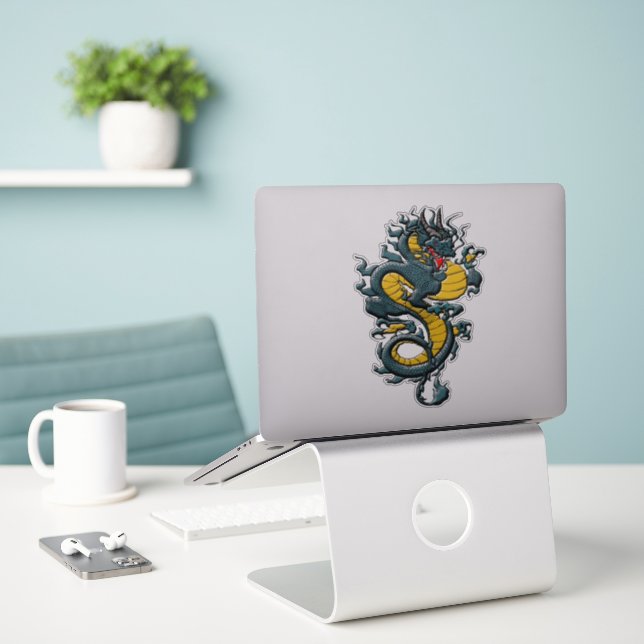 Azure Gold Asian Dragon Sticker (Laptop On Desk)