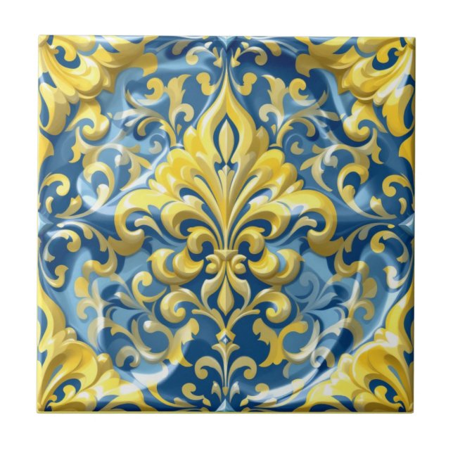 Azure Gold Damask Ceramic Tile (Front)