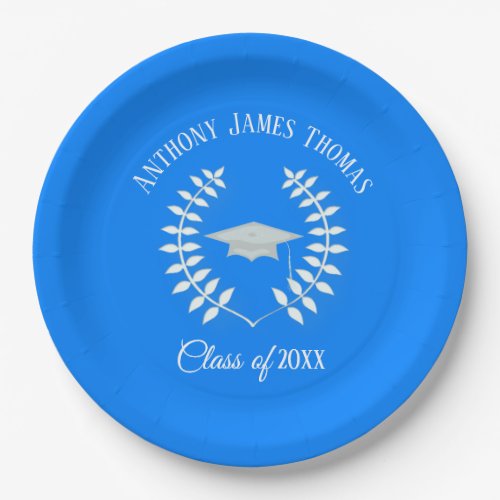 Azure Grad Cap and Leaves Paper Plates 9