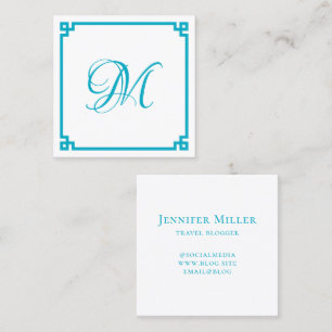 Azure Greek Key Calligraphy Monogram Square Business Card