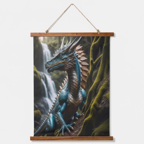 Azure Guardian Enchanted Falls Dragon Fantasy Hanging Tapestry