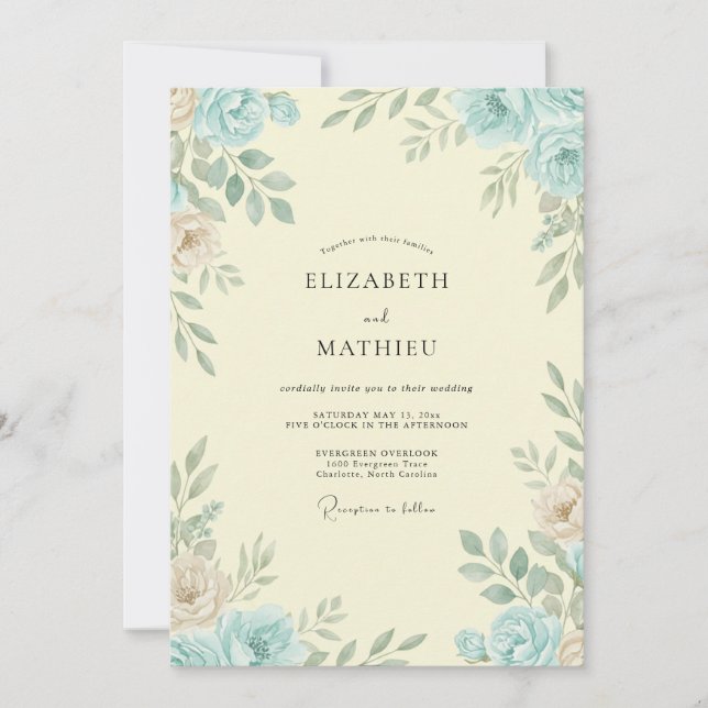 Azure Ivory Cream Leafy Wedding Invitation (Front)