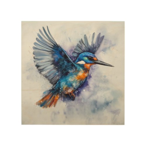Azure Kingfisher Captured in Mid Flight Wood Wall Art