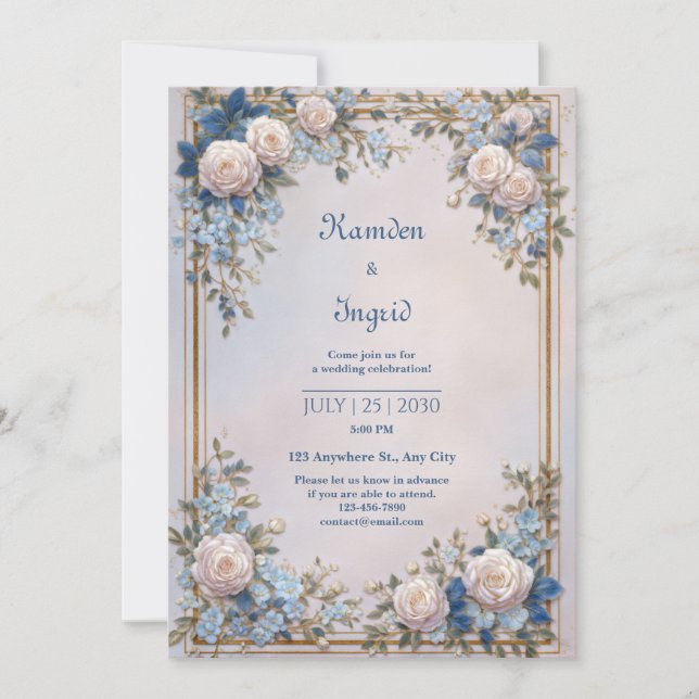 Azure Leaf Ornate Cream Rose Frame Wedding Invitation (Front)