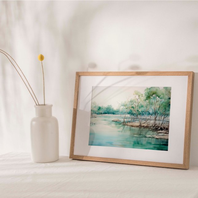 Azure Mangrove Majesty: Watercolor Blue-Green Poster (Capturing coastal mangroves in stunning blue-green tones.)