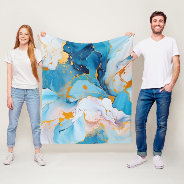 Azure Marble with Golden Splashes Fleece Blanket (In Situ)