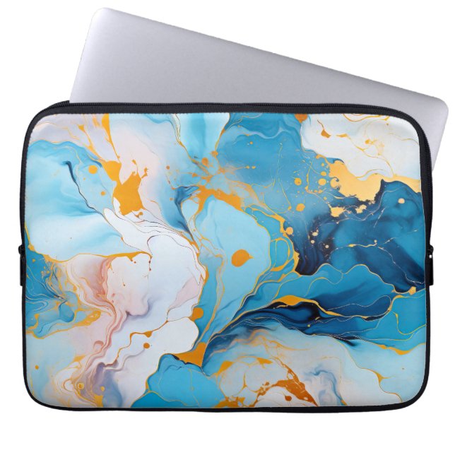 Azure Marble with Golden Splashes Laptop Sleeve (Front)