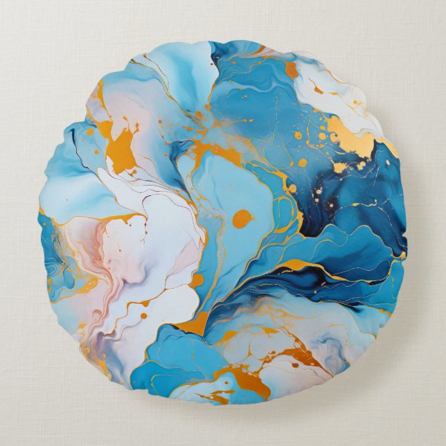 Azure Marble with Golden Splashes Round Pillow (Front)